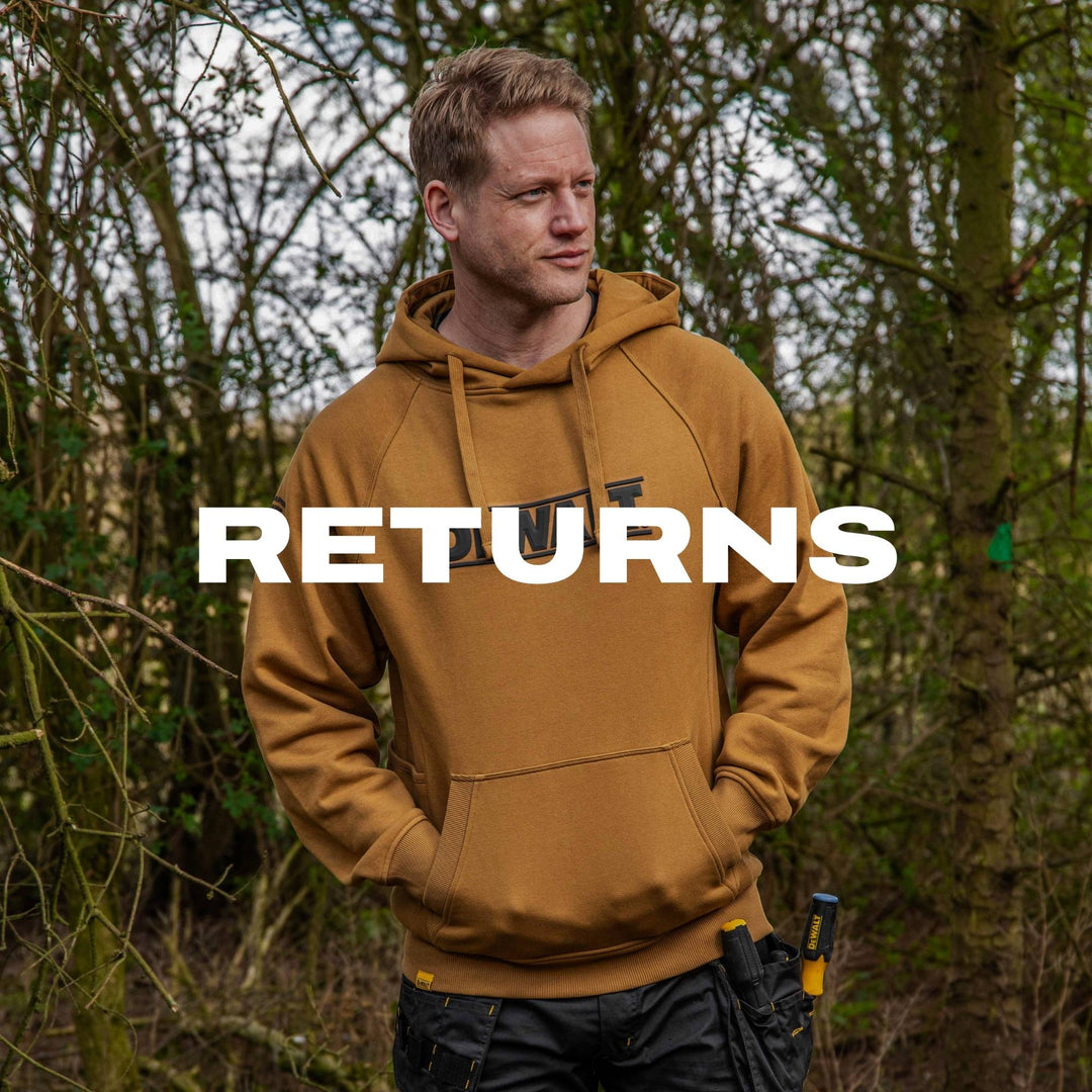 Man wearing a brown hoodie with ' RETURNS ' text in a forest setting
