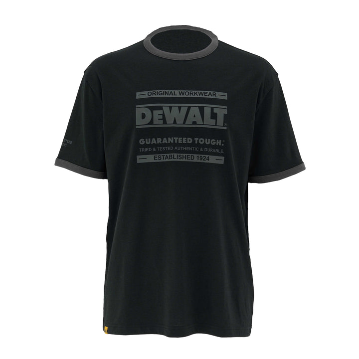 Black t-shirt with Dewalt logo and text on a white background