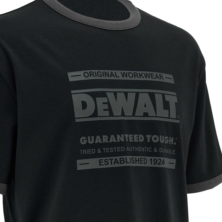Black t-shirt with Dewalt logo and text on a white background