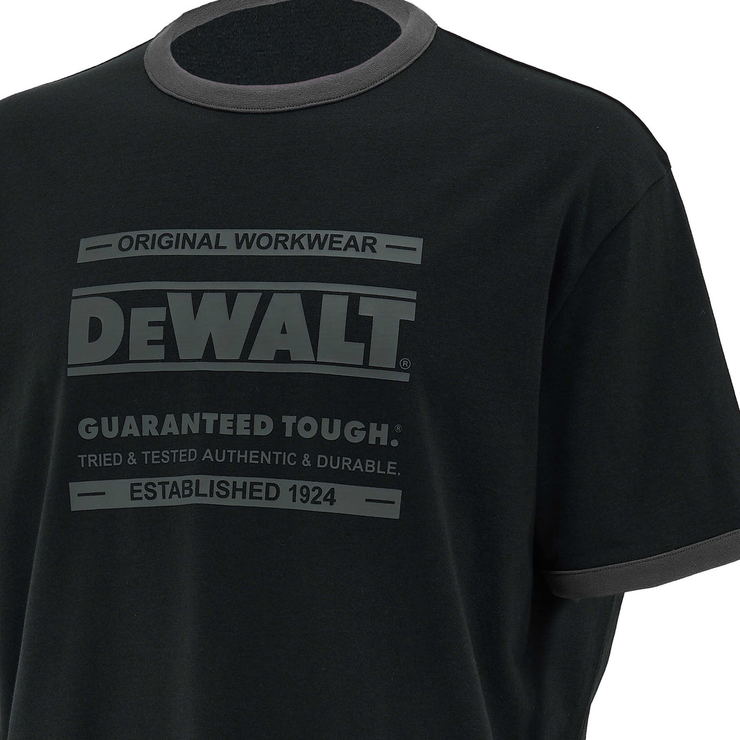 Black t-shirt with Dewalt logo and text on a white background