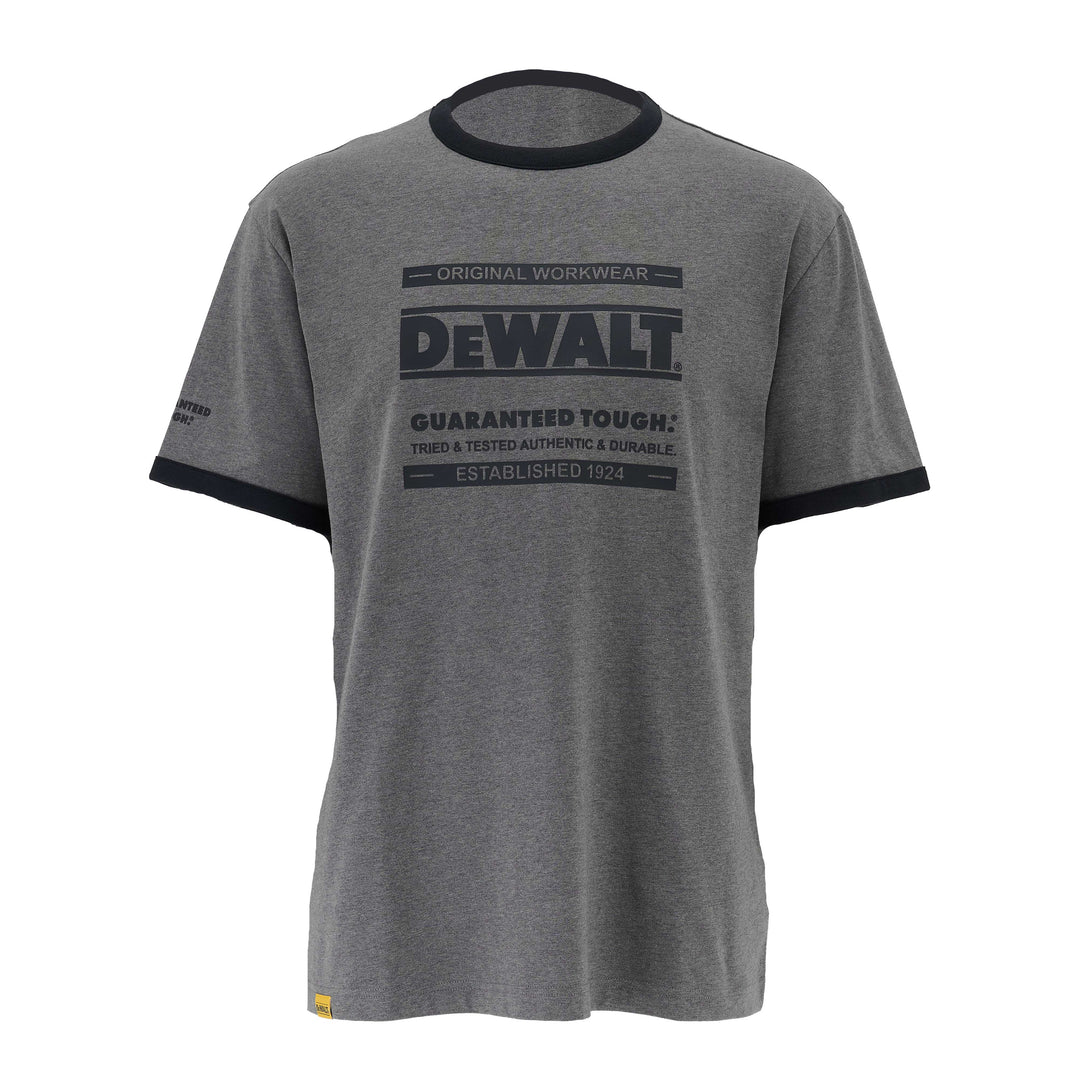 Gray t-shirt with black collar and Dewalt logo on a white background