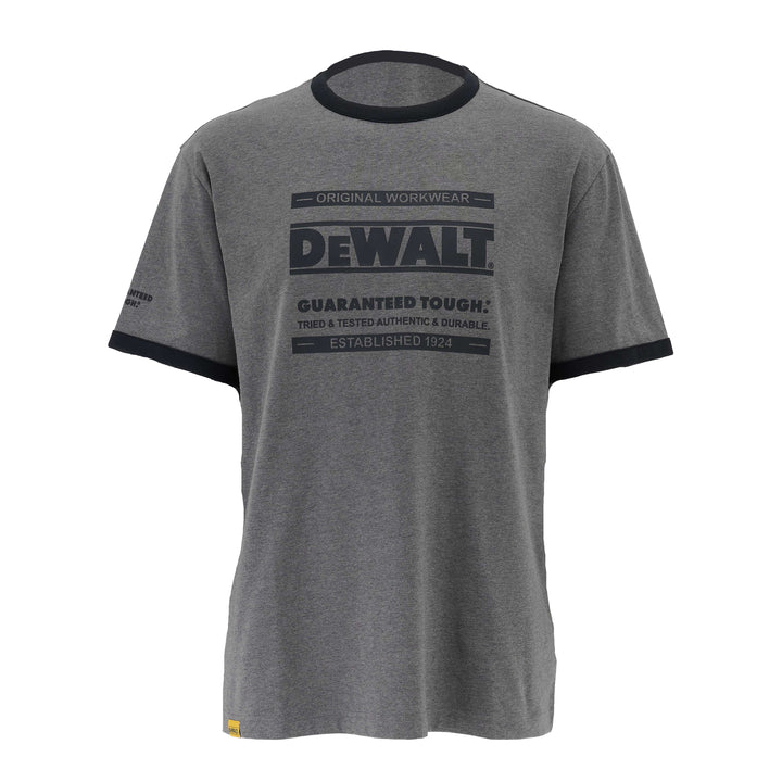 Gray t-shirt with black collar and Dewalt logo on a white background