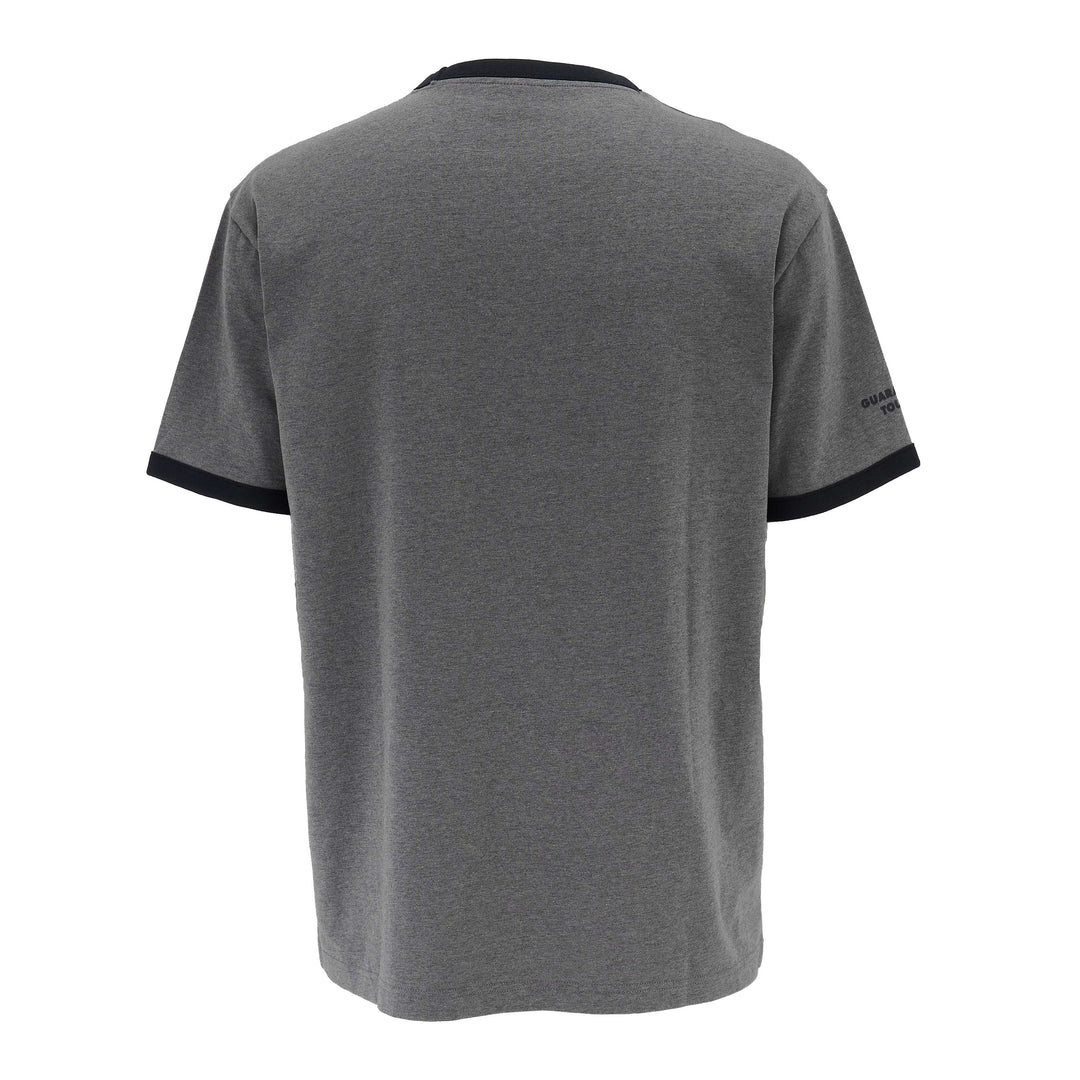 Gray t-shirt with black trim on a white background