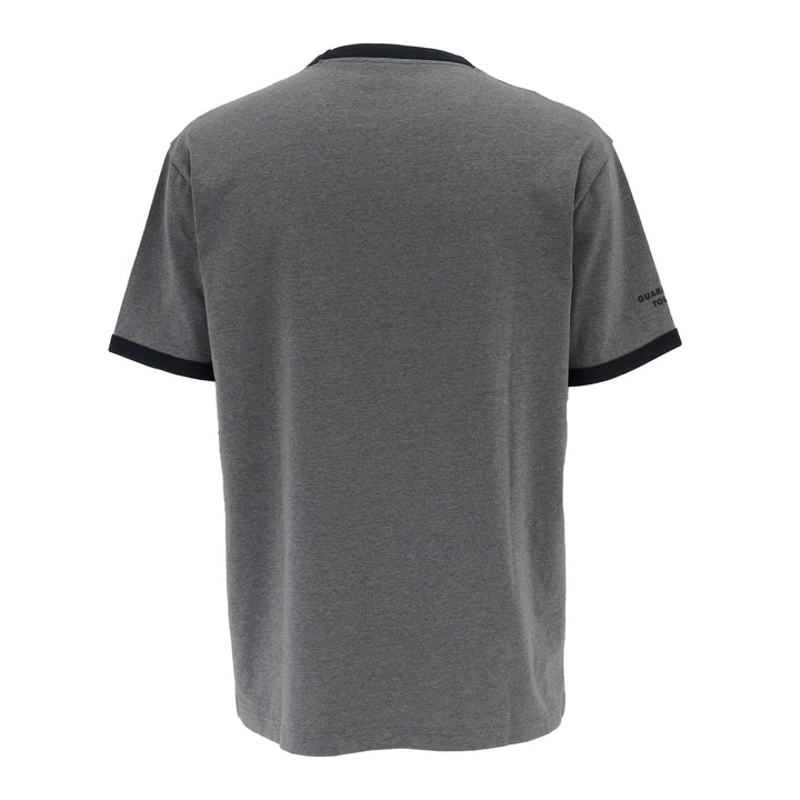 Gray t-shirt with black trim on a white background