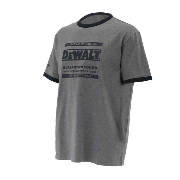 Gray t-shirt with black collar and Dewalt branding on a white background