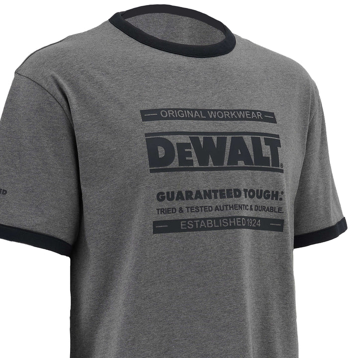 Gray t-shirt with black collar and Dewalt logo on a white background