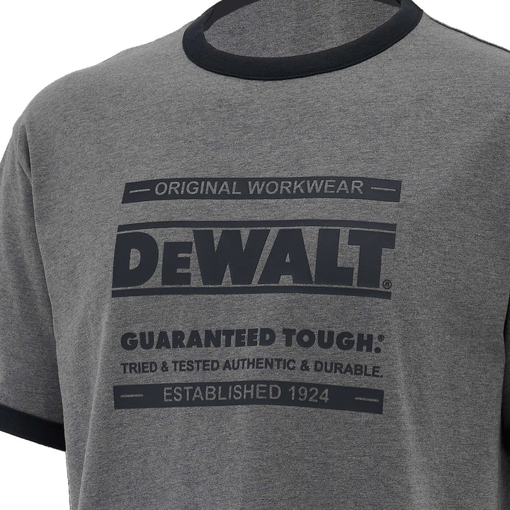 Gray t-shirt with Dewalt branding and text on a white background