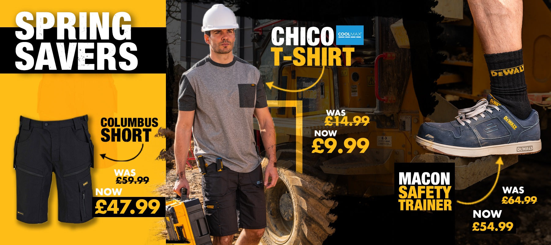 Promotional advertisement for spring savers featuring a man in work attire with discounted items displayed.