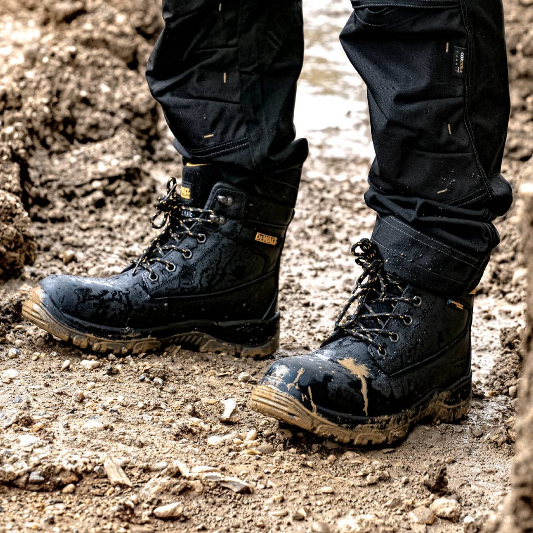 DEWALT Titanium Waterproof Steel Toe Safety Boot Black Model View Close Up