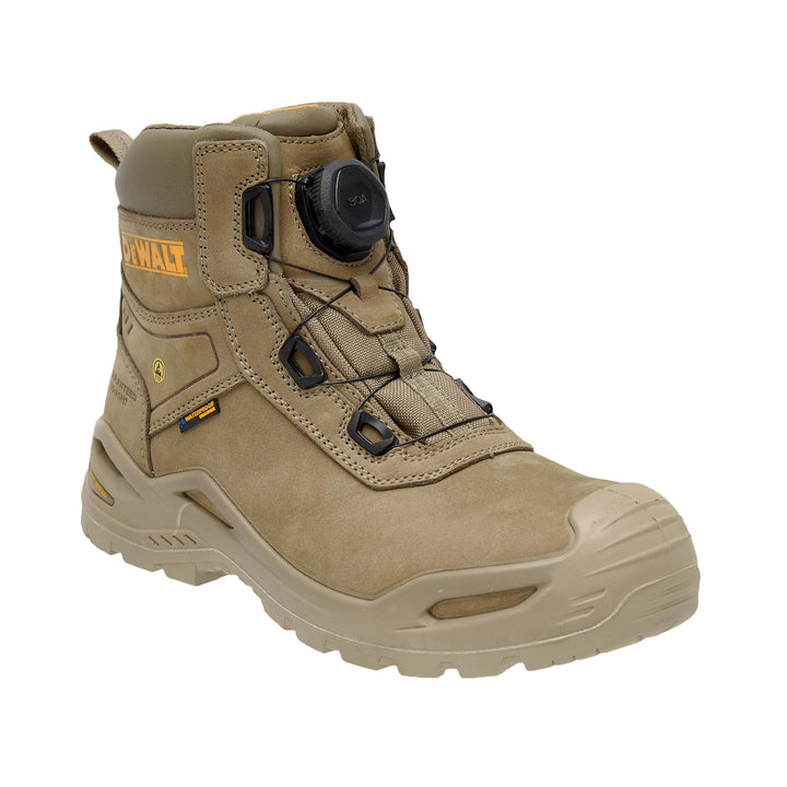 DEWALT Lander Mens Waterproof, BOA®, Nubuck Leather, Wide Fit, Non-Metallic Safety Toe Work Boot, Stone, 3/4 View Right
