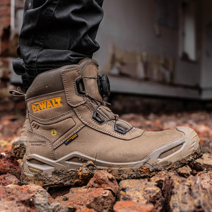 DEWALT Lander Mens Waterproof, BOA®, Nubuck Leather, Wide Fit, Non-Metallic Safety Toe Work Boot, Stone, Model View Close Up