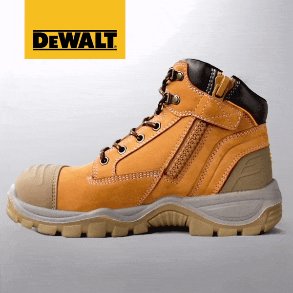 DEWALT Akron Side Zip Steel Toe Safety Boot Honey Zip Detail GIF
