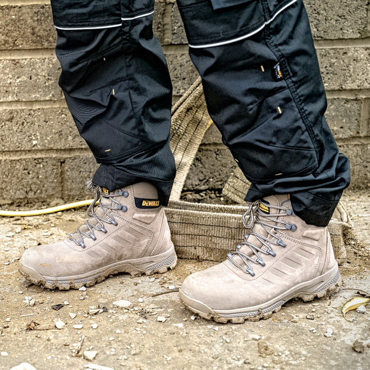 DEWALT Sharpsburg Steel Toe Safety Boot Stone Model Shot Front View Zoomed