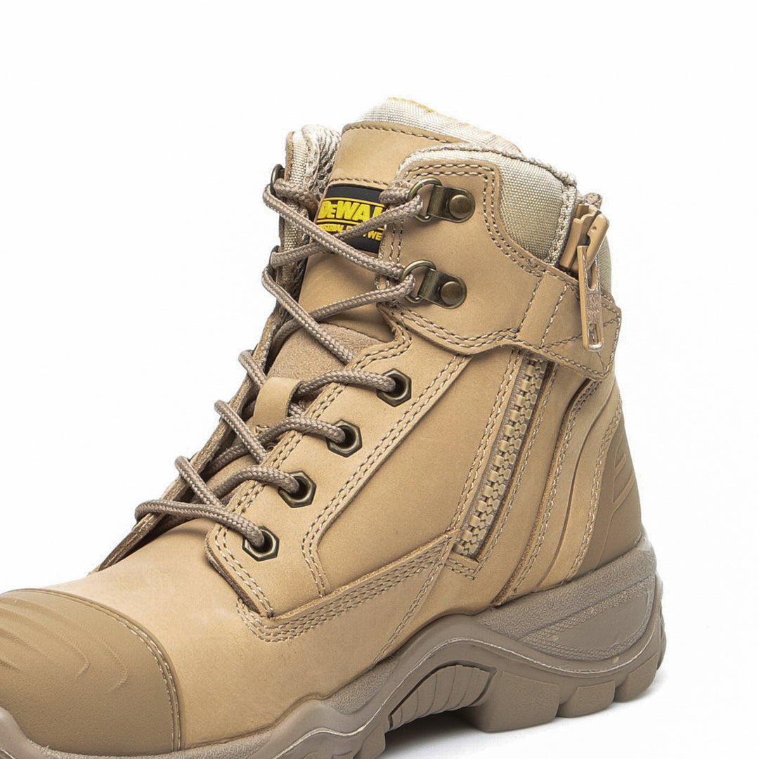 DEWALT Akron Side Zip Steel Toe Safety Boot Sand Laces Close Up